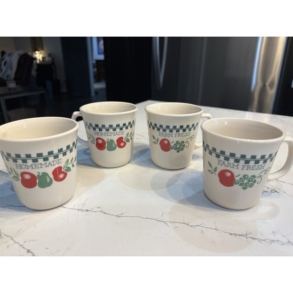 Homemade Farm Fresh Corning Ware Coffee Cups Apples Pears Grapes Design Set Of 4